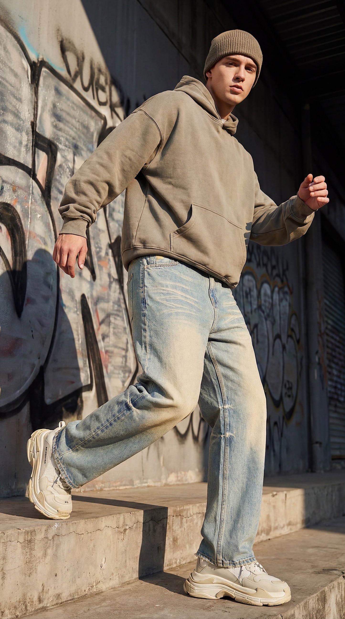 Sun Fade Raw Hem Denim Jeans