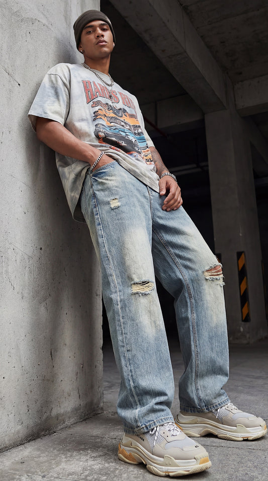 Vintage Wash Distressed Denim Jeans